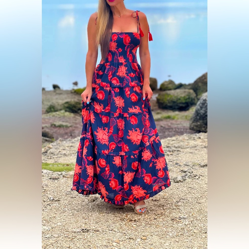 Floral Smocked Maxi Dress in Navy and Orange